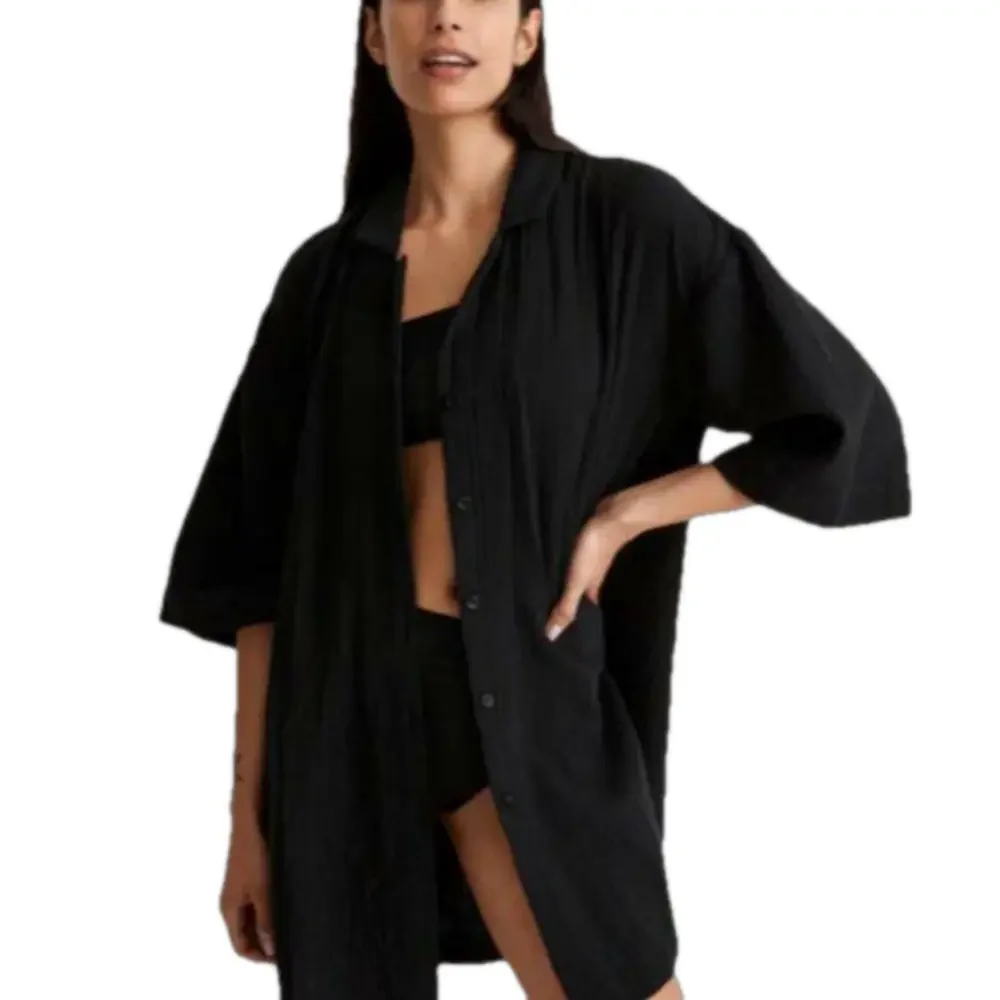 Madewell Crinkle Cotton Cover-Up Shirtdress Black Large NWT Oversize Minimalist - Picture 1 of 11